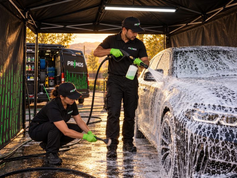Dos operadores de Primos Detailing aplican espuma a un auto bajo la carpa